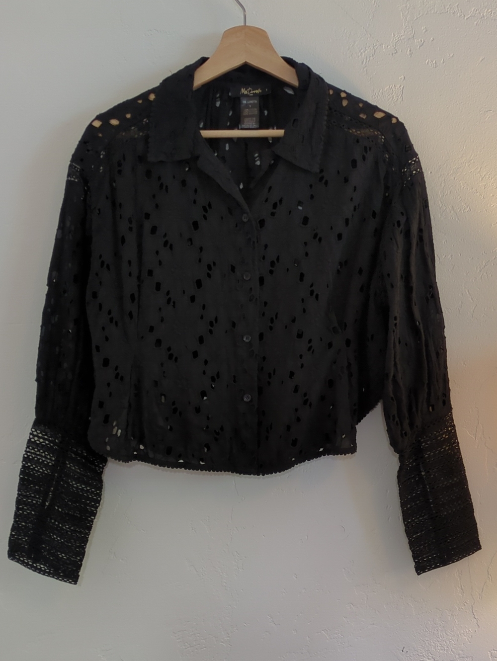 Mes Demoiselles Black Eyelet Shirt with Textured Cuffs - Size 1